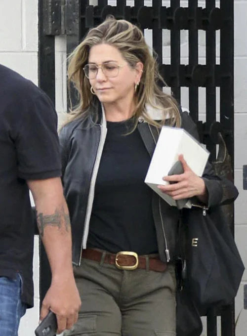 Stylish black leather jacket for women inspired by Jennifer Aniston, featuring front and inner pockets.