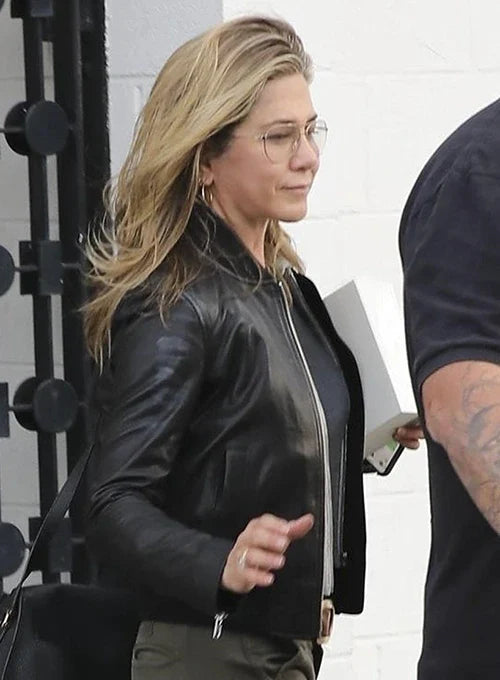 Jennifer Aniston style black leather jacket with real leather and viscose lining.