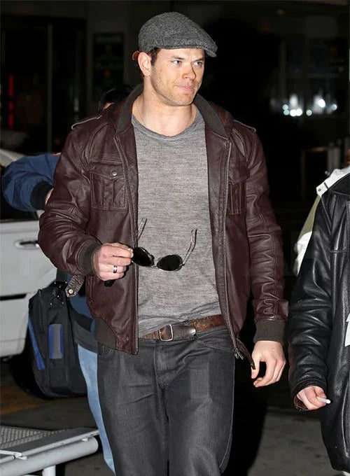 Kellan Lutz stylish brown leather jacket outfit in USA