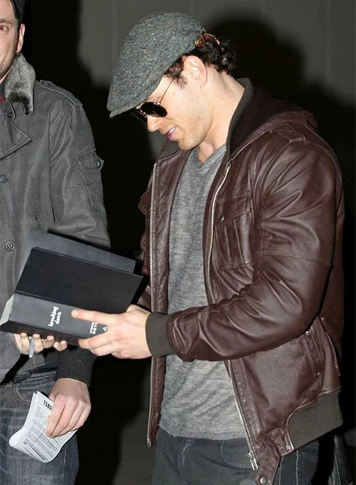 Brown leather jacket worn by Kellan Lutz in USA