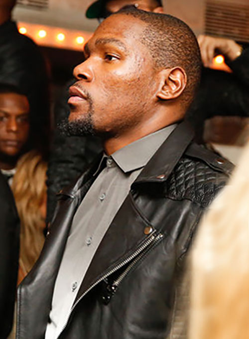 Kevin Durant in black leather jacket in American style