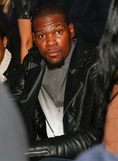 Kevin Durant sleek leather jacket look in American style