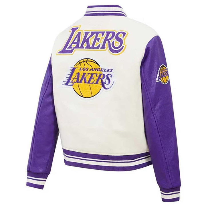 LA Lakers Cream Retro Classic Varsity Jacket White  Front View