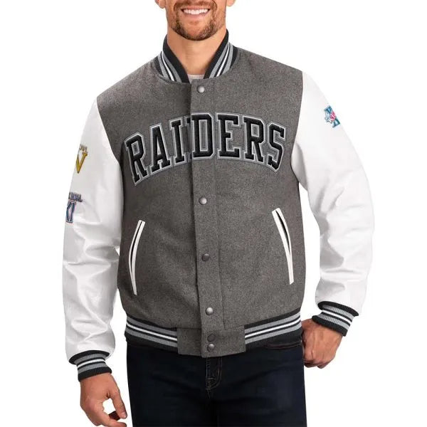 Gray and white Las Vegas Raiders varsity jacket

