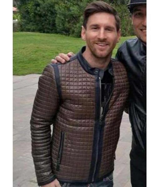 Stylish brown leather quilted jacket worn by Lionel Messi in France style