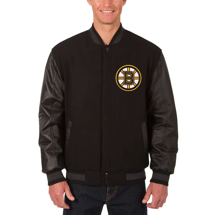 mens boston bruins two hit wool body leather sleeve varsity jacket in USA