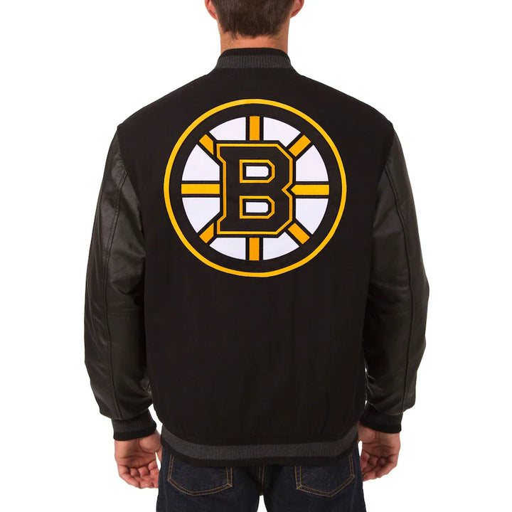 reversible bruins jacket with wool torso and leather sleeves in USA