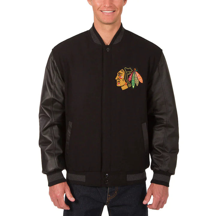 mens chicago blackhawks two hit wool body leather sleeve varsity jacket in USA