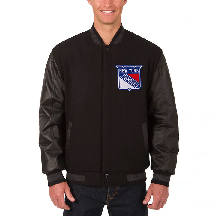 new york rangers two hit varsity jacket front view in USA