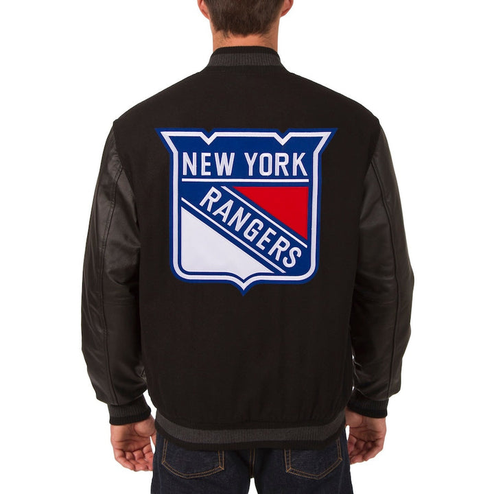 reversible rangers jacket with wool body and leather sleeves in USA