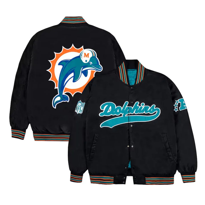 Miami Dolphins aqua and orange ribbed bomber jacket in black in USA