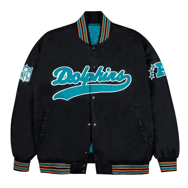 Miami Dolphins aqua and orange rib bomber black jacket front view in USA
