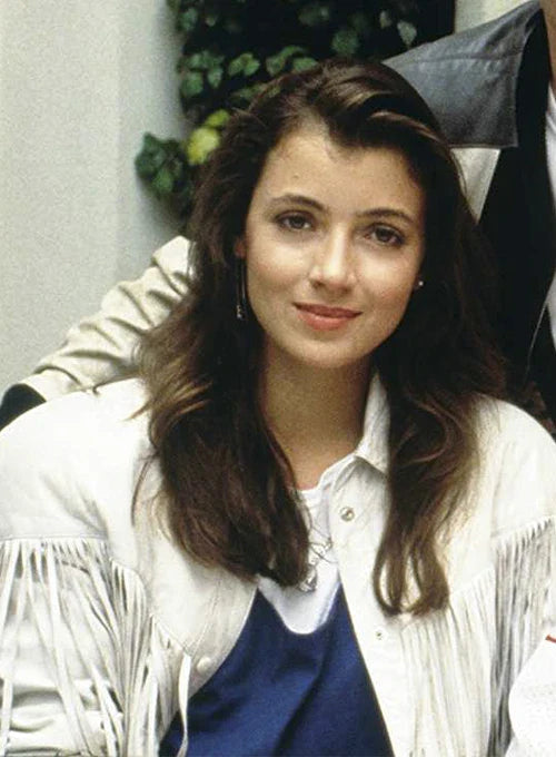 Mia Sarapochiello white fringe leather jacket in American style