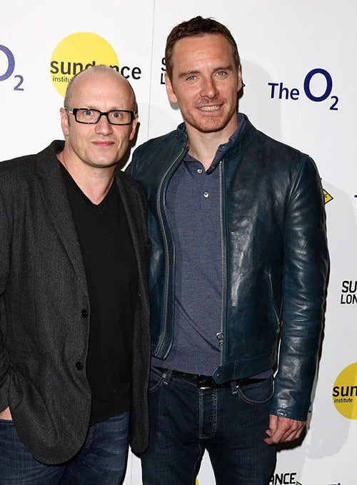 Stylish navy blue leather jacket worn by Michael Fassbender in American Style