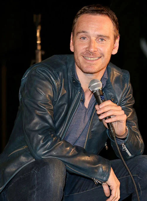 Men’s Michael Fassbender navy blue leather jacket for a sleek look in USA