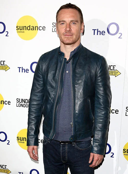 Michael Fassbender-inspired navy blue leather jacket for men in USA