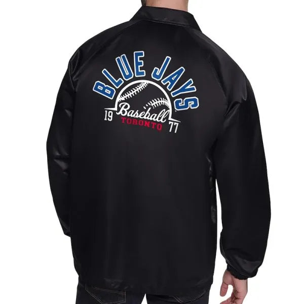 Black jacket with 'Blue Jays Baseball Toronto' text on the back