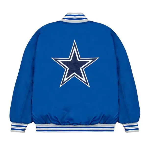 Blue bomber jacket with gray and white ribbed cuffs for Cowboys fans in USA