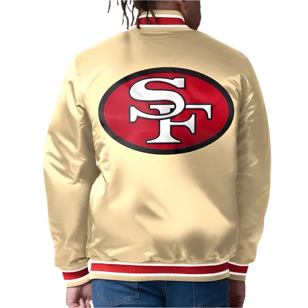 Shiny gold satin 49ers jacket with team emblem in USA