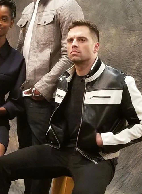 Black leather jacket with white stripes
