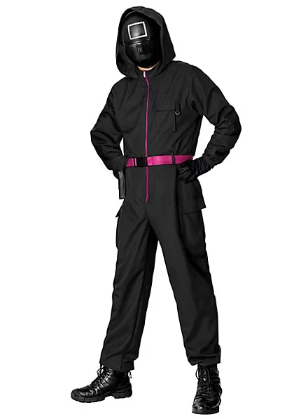 Person wearing a black protective suit with a hood and pink accents on a white background