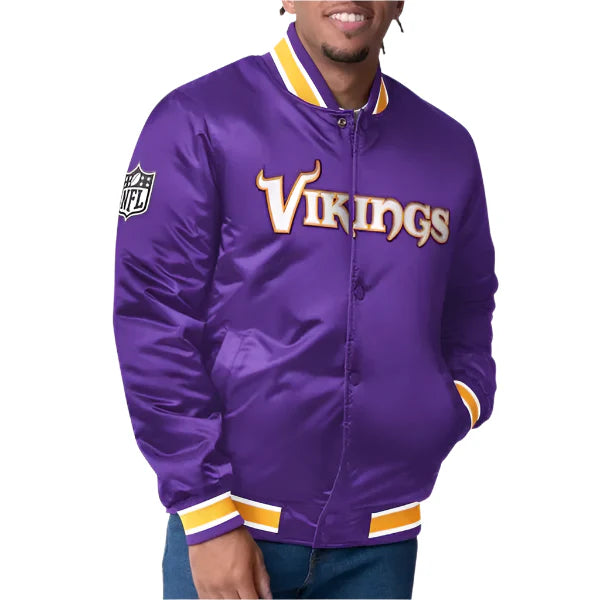 Minnesota Vikings closer purple satin jacket front view in USA