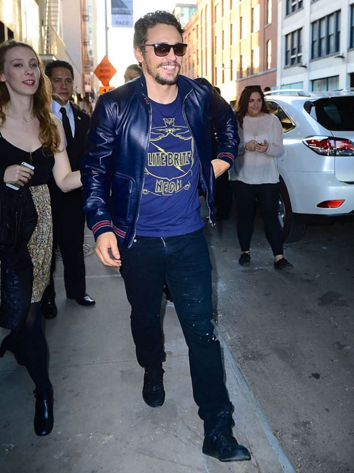 James Franco wearing blue leather jacket in United state market