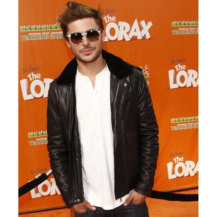 Zac Efron Stylish Black Leather Faux Fur Collar Jacket in American Market