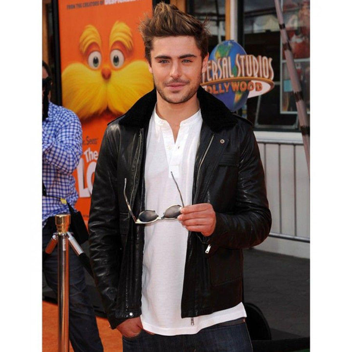 Black Leather Faux Fur Collar Jacket Worn by Zac Efron in USA