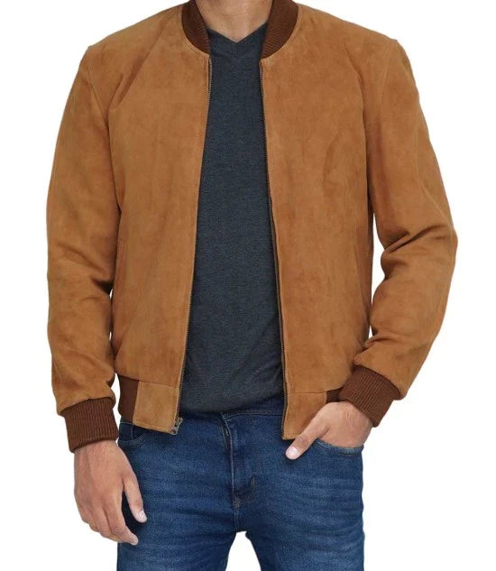 Brown suede leather jacket for men in Fracne style