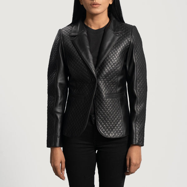 Women Premium Quilted Black Leather Blazer front view in USA