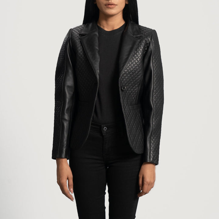 Women Premium Quilted Black Leather Blazer back view in France style