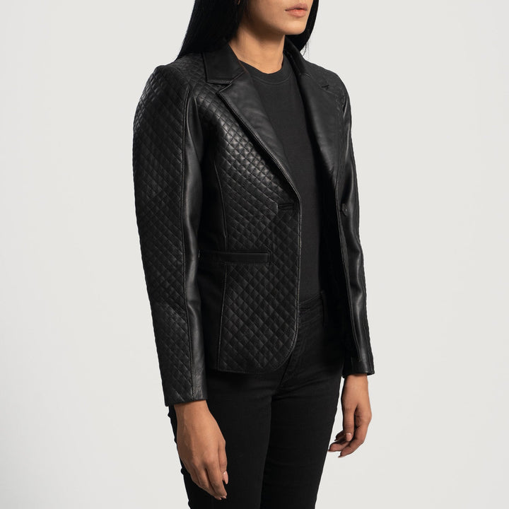 Close-up of Women Premium Quilted Black Leather Blazer texture in United state market