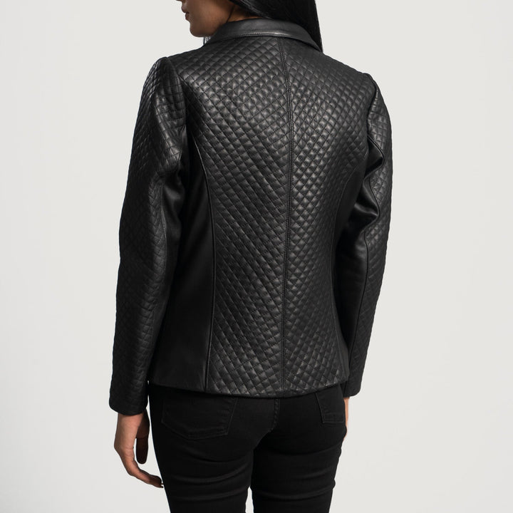 Women Premium Quilted Black Leather Blazer with button closure in UK market