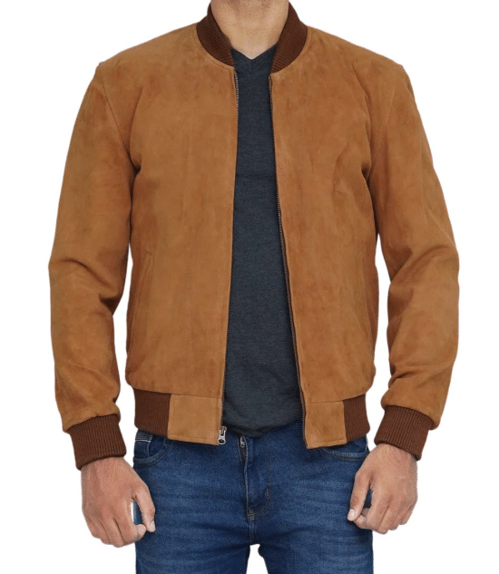 Brown suede jacket with a masculine look in American style