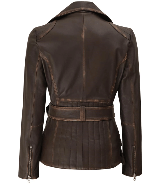 Distressed brown leather jacket for women with an asymmetrical cut and belt in germany market