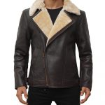 Asymmetrical Brown Shearling Leather Coat For Men