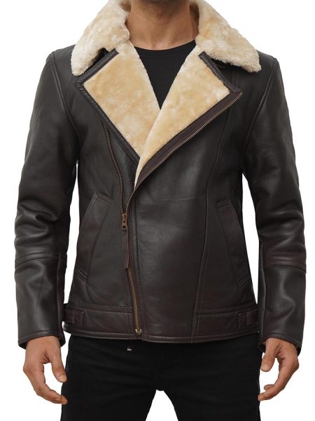 Asymmetrical Brown Shearling Leather Coat For Men