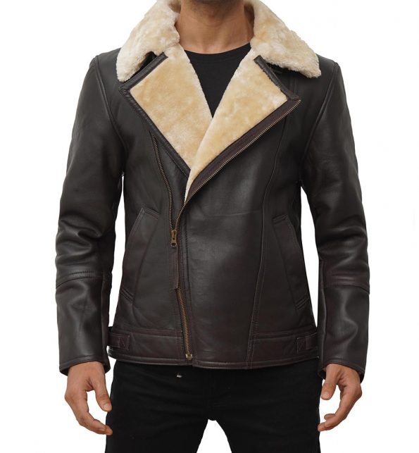 Asymmetrical Brown Shearling Leather Coat For Men