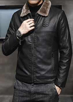 Winter Thick Black & Brown Leather Jacket For Men Black front