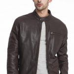 Bomber Round Collar Leather Jacket For Men