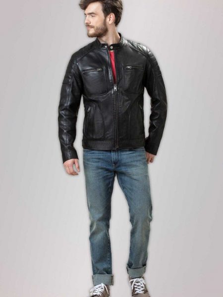 Black Bomber Sheep Skin Leather Jacket For Men