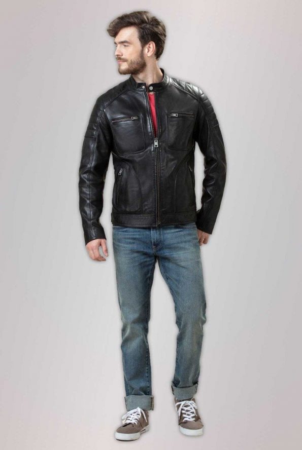 Black Bomber Sheep Skin Leather Jacket For Men