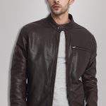 Bomber Round Collar Leather Jacket For Men