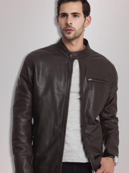 Bomber Round Collar Leather Jacket For Men