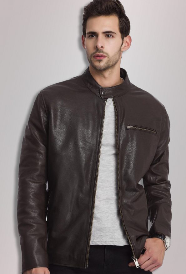 Bomber Round Collar Leather Jacket For Men