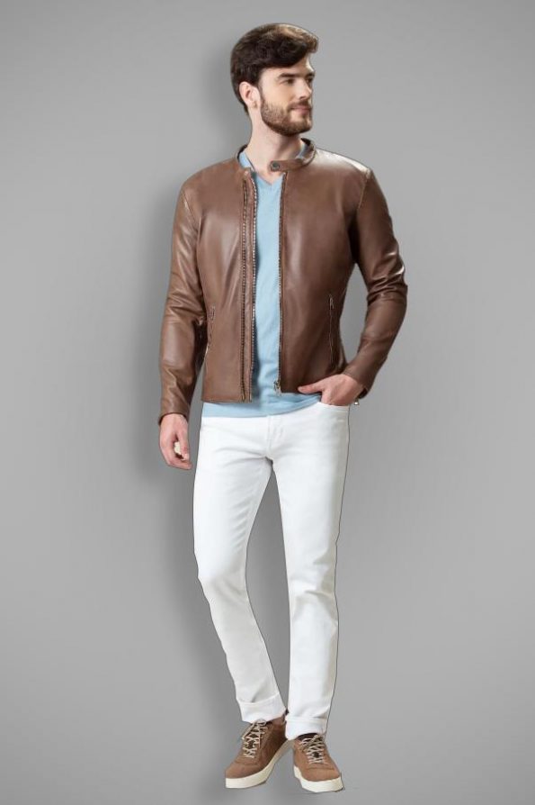 Elegant Brown Heavy Duty Leather Jacket For Men