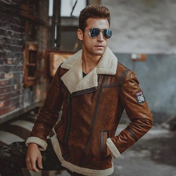 Aviator Distress Brown Shearling Bomber Jacket For Men front style