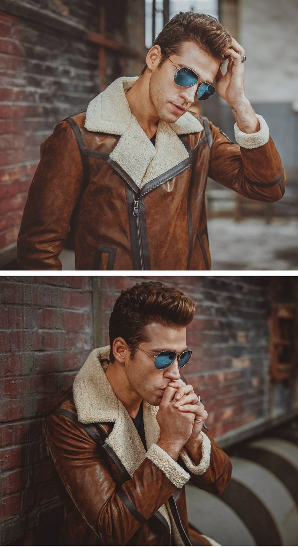 Aviator Distress Brown Shearling Bomber Jacket For Men styles