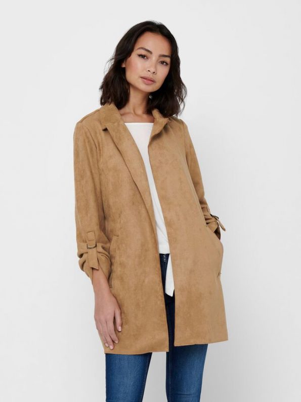 BROWN COLOR SUEDE REAL LEATHER COAT FOR WOMEN FRONT